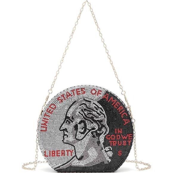 Quarter Coin Purse Handbag Rhinestone Evening Clutch Bag Money Shoulder Strap - Picture 1 of 7